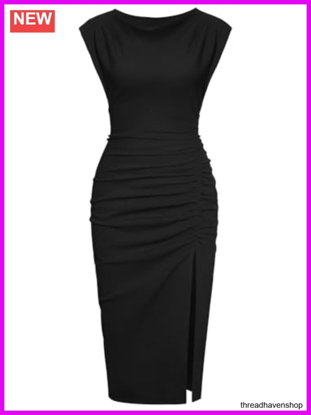 Mock Neck Side Slit Ruched Bodycon Cocktail Party Midi Dress